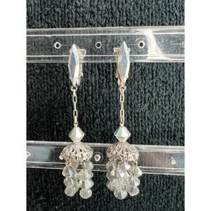 Lewis Segal waterfall drop beaded clip on Earrings silvertone signed